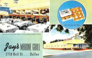 JAY'S MARINE GRILL Dallas, TX Hot Rolls Seafood Roadside c1950s Vintage Postcard