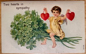 Vintage Victorian Postcard 1909 To Hearts in Sympathy - Cupid & Shamrocks