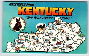 Postcard Greetings From Kentucky Map Chrome The Blue Grass State Horse Racing