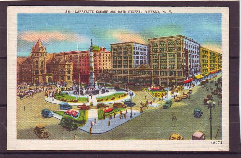 P1477 1952 used postcard lafayette sq main st. old cars people buffalo ny