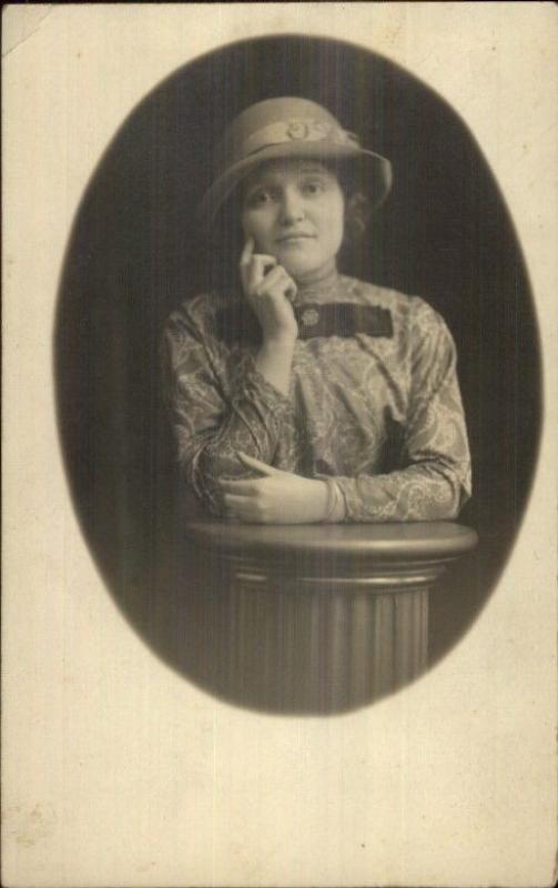 Woman in Great Hat & Blouse Studio Pose c1910 Fashion Real Photo Postcard