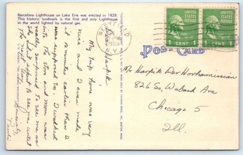 WESTFIELD, New York NY ~ BARCELONA LIGHTHOUSE Chautauqua County Linen Postcard