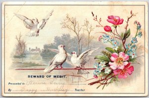 Reward of Merit, Teacher, Greetings, White Doves, Birds and Flowers, Postcard