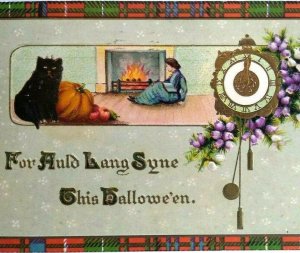 Patchwork Border Black Cat Fireplace Clock Germany Ser 2401 Halloween Postcard