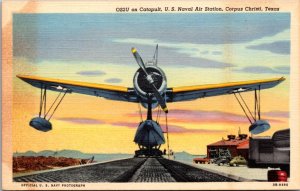 Linen Postcard OS2U on Catapult US Naval Air Station in Corpus Christi, Texas