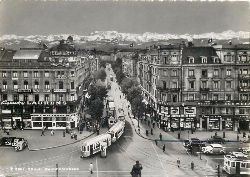 Switzerland Zurich 1955 tramways train station avenue stores magasins shops ads.