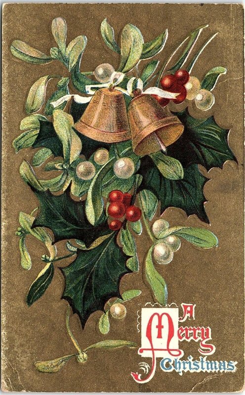 c1910 MERRY CHRISTMAS GILDED HOLLY BELLS PLATTEVILLE WISCONSIN POSTCARD 41-163