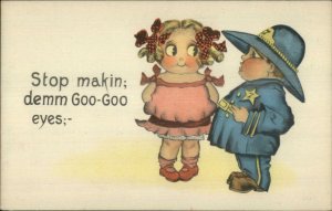 Little Boy Police Officer Cop Little Girl Goo-Goo Eyes c1915 Postcard