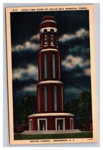 Vintage 1940s Postcard Memorial Tower Baptist Church Greenwood South Carolina