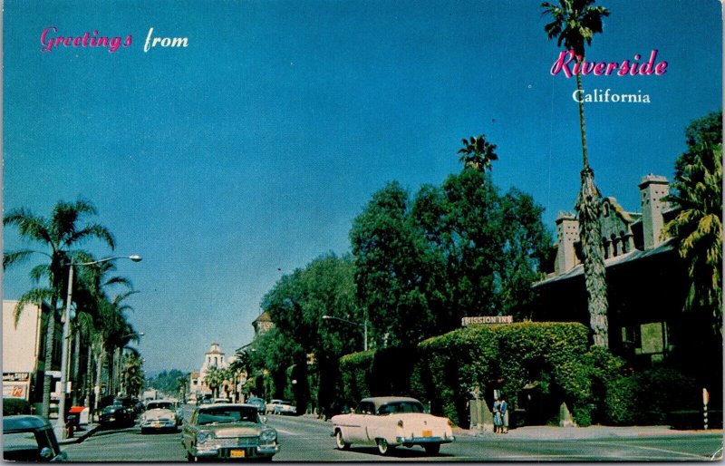 Vtg Greetings from Riverside California CA Street View 1950s Postcard