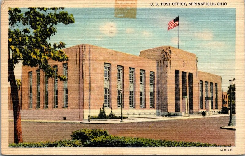 U. S. Post Office Springfield Ohio Linen Posted 1940s Postcard 