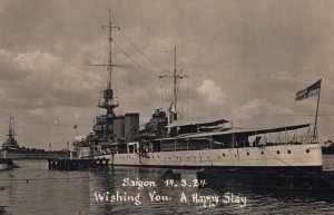 RPPC HMS Carlise Cruiser Ship Saigon Indochina Real Photo Postcard Royal Navy