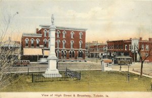 Wheelock Postcard; High Street & Broadway, Civil War Monument, Toledo IA Tama Co