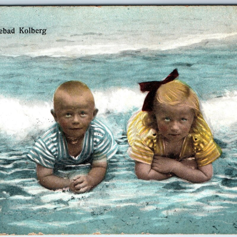 c1910s Kolberg, Poland Cute Polish Children Swim Baltic Sea Beach Postcard A171