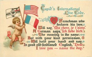 American Flags Cupid Love Code French German 1910 Postcard 20-5665