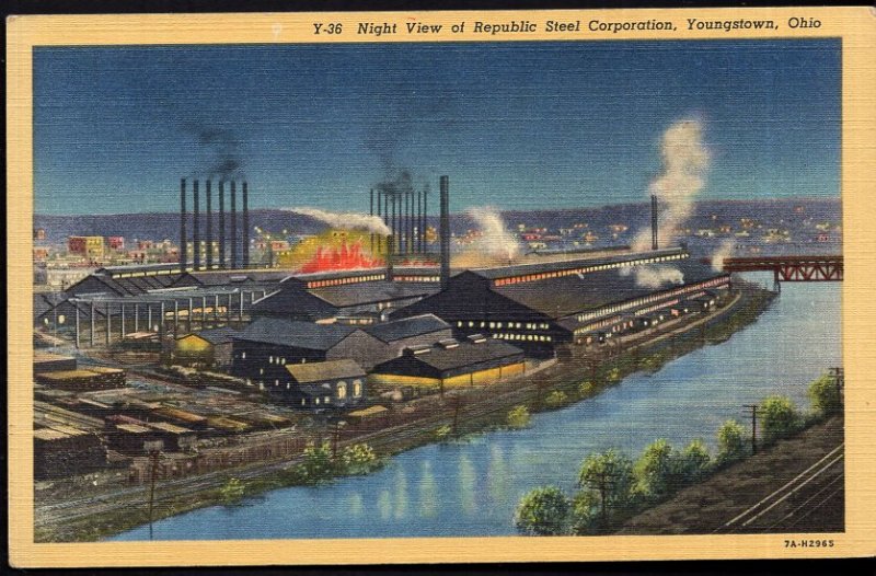 Ohio YOUNGSTOWN Night View of Republic Steel Corporation - LINEN