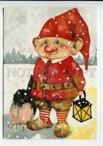 429401 ESTONIA New Year gnome w/ lamp bird 1994 year RPPC advertising label