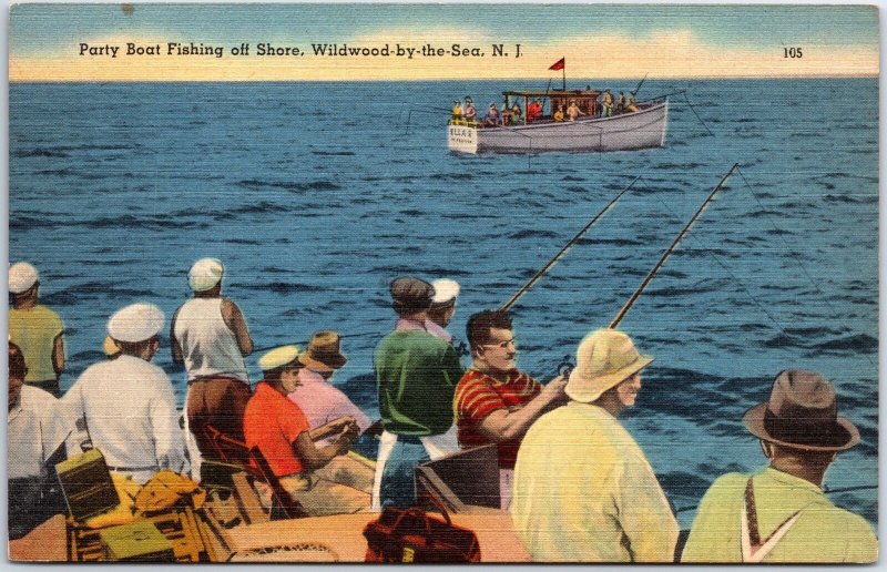 VINTAGE POSTCARD PARTY BOAT FISHING OFFSHORE AT WILDWOOD-BY-THE-SEA N.J. c. 1940