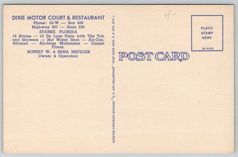 Starke Florida~Dixie Motor Court & Restaurant~US 301~RW Metzger~1953 Linen