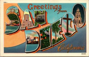 Vtg 1950's Large Letter Greetings San Diego California CA Linen Postcard