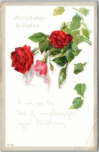 Birthday Wishes Roses Pink & Red with Leaves Greetings Card Postcard