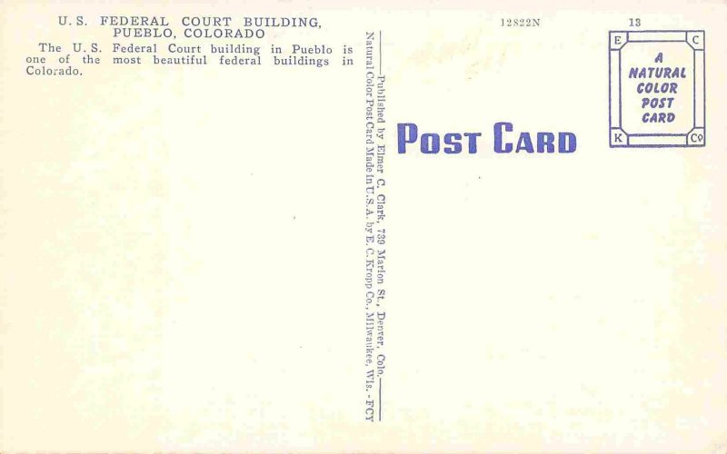 US Court House Pueblo Colorado linen postcard