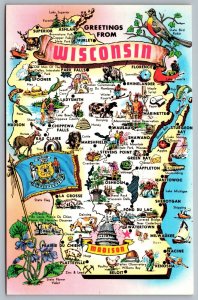 Postcard Wisconsin c1960 Greeting from Wisconsin State Map Landmarks Attractions