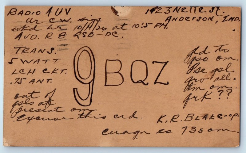 Anderson Indiana IN Postal Card 9BQZ Radio 4UV QSL Ham Radio 1926 Vintage
