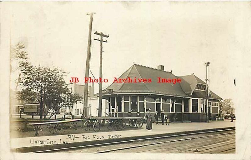 Depot, Indiana, Union City, RPPC, Big Four Railroad Station, 1910 PM, Photo