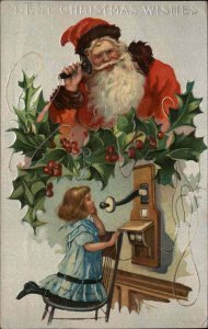 Christmas Santa Claus Child Old Telephone Embossed c1900s-10s Postcard