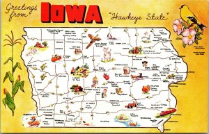 Vintage Greetings From Iowa Map Hawkeye State IA Chrome Postcard