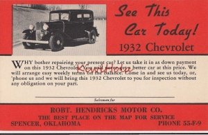 Postcard See This Car Today 1932 Chevrolet Robt Hendricks Motor Co Spencer OK