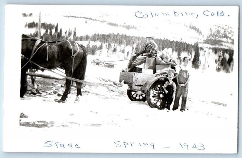 Columbine Colorado CO Postcard RPPC Photo Stage Spring Horse Wagon Winter 1943