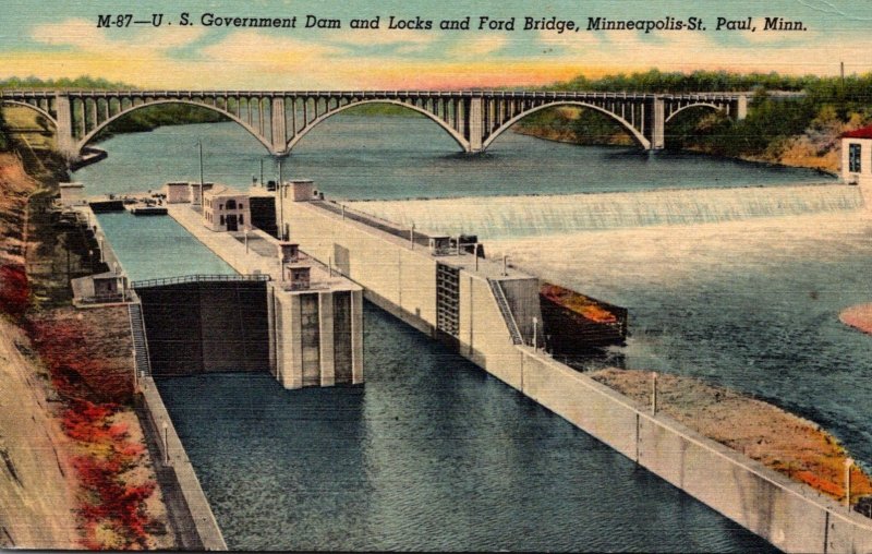 Minnesota Minneapolis U S Government Dam and Locks and Ford Bridge Curteich