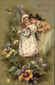 Little Boy with Ponytail Victorian Little Girl Among Pansies c1910 Postcard