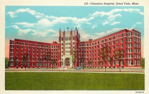 Linen Postcard; Columbus Hospital, Great Falls MT Cascade County Unposted