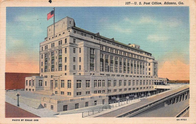 United States Post Office, Atlanta, Georgia, Early Linen Postcard, Unused