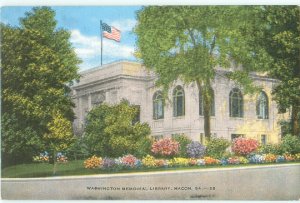 Macon, Georgia  Washington Memorial Library, 1950s Linen Postcard, Unused