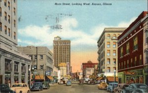 Aurora Illinois IL Main Street Scene Classic Cars Vintage Postcard