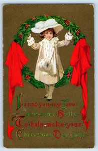 c1910's Christmas Child Girl Holly Berries Wreath Antique Unposted Postcard