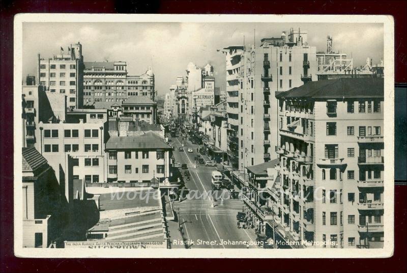 1940's RPPC Rissik Street Johannesburg South Africa buses cars storefronts B1527