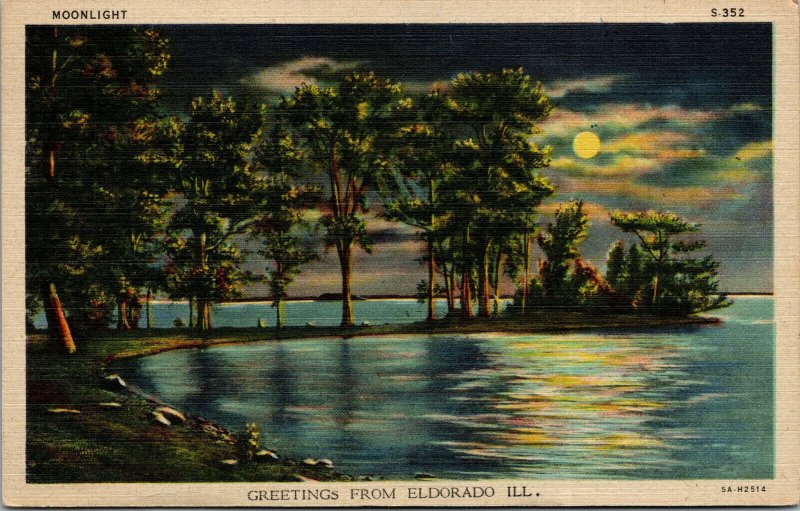 Vtg 1940s Scenic Greetings from Eldorado Illinois IL Moonlight Linen Postcard 