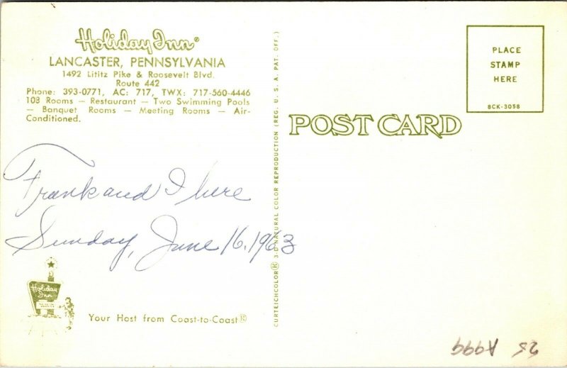 Pennsylvania PA Lancaster Holiday Inn Postcard Old Vintage Card View Postal 