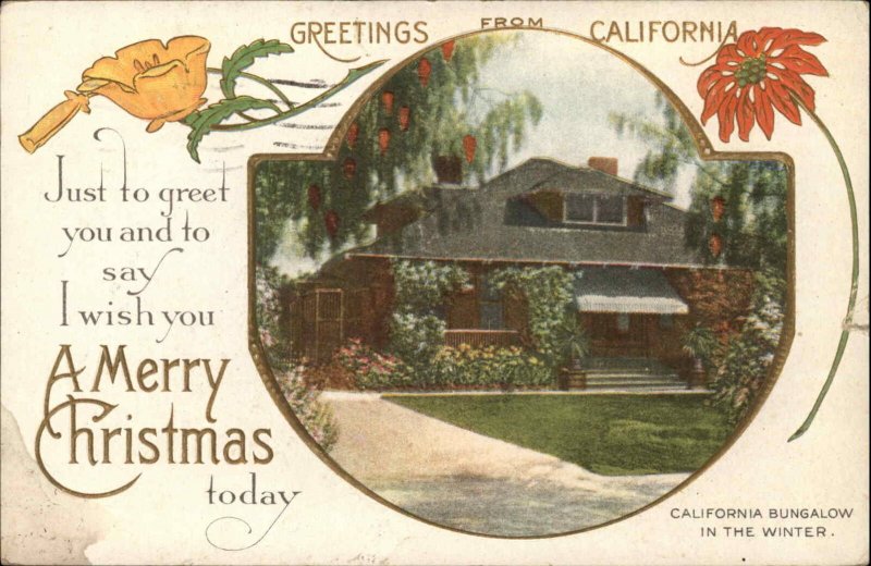 Christmas Seals 1920 California Bungalow in Winter Vintage Postcard