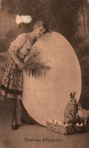 Vintage Postcard Herzliche Ostergrube Warm Easter Greetings Woman and Giant Egg