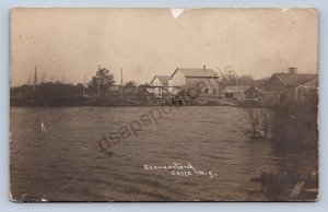 J90/ Osseo Wisconsin RPPC Postcard c1910 Pond Scene Buildings Bridge 203