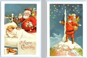 2 Postcards ELLEN CLAPSADDLE Christmas Repros SANTA CLAUS Globe 4x6 ~1990