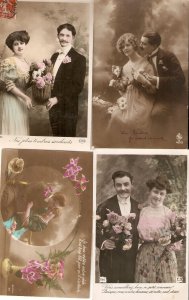 Couples, with flowers Lot of four(4) old vintage French photo postcards