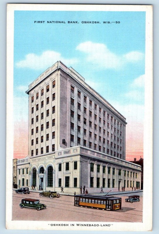 Oshkosh  Wisconsin WI Postcard First National Bank Building Cars Streetcar 1943