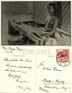 indonesia, BALI, Native Topless Nude Woman Weaving (1938) RPPC Postcard